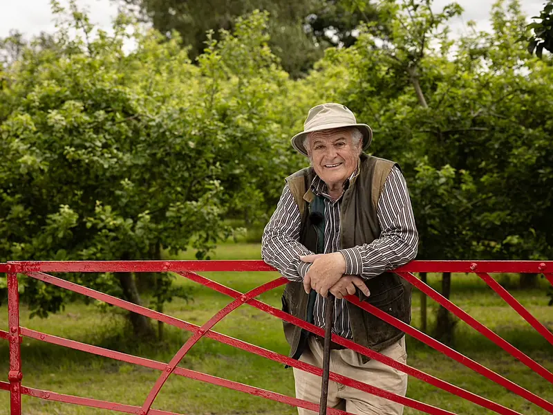 Rod Calder-Potts of Highbank Orchards leaning on a red gate in his orchard