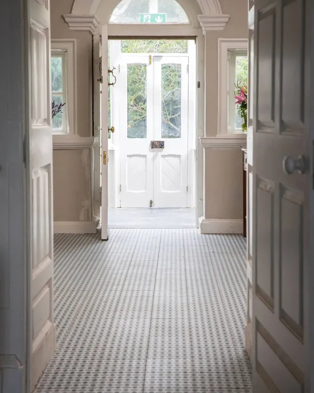 The front hall at Mountrothe House, looking out through the open front door